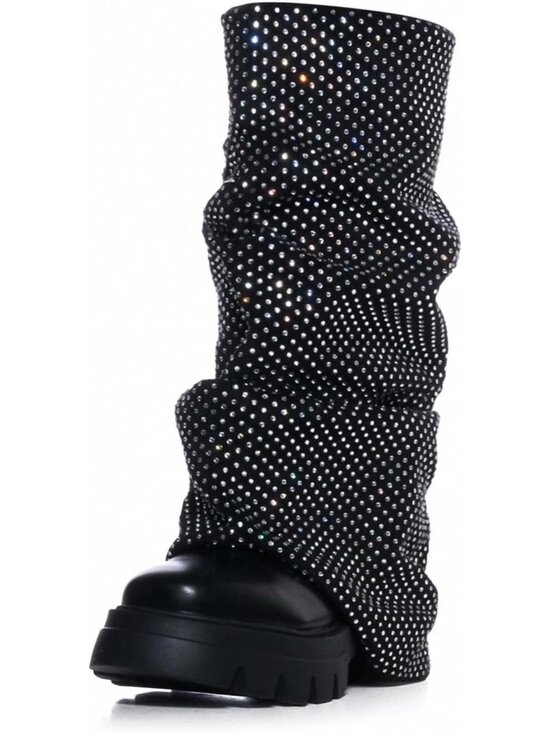 Shoes - Women's Rhinestone-Black Fold Over Mid Calf Round Toe Heel Stacked Moon Boots
